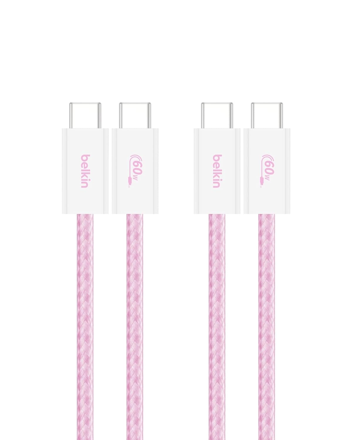 Belkin USB C to USB C Cable 2-Pack, 3.3ft, 60W - Type C Charger, iPhone Charger Cord, Soft, Braided, Flexible for iPhone 16, Galaxy S25, Pixel 9, Airpods, iPad Pro & More, Travel Essentials - Pink