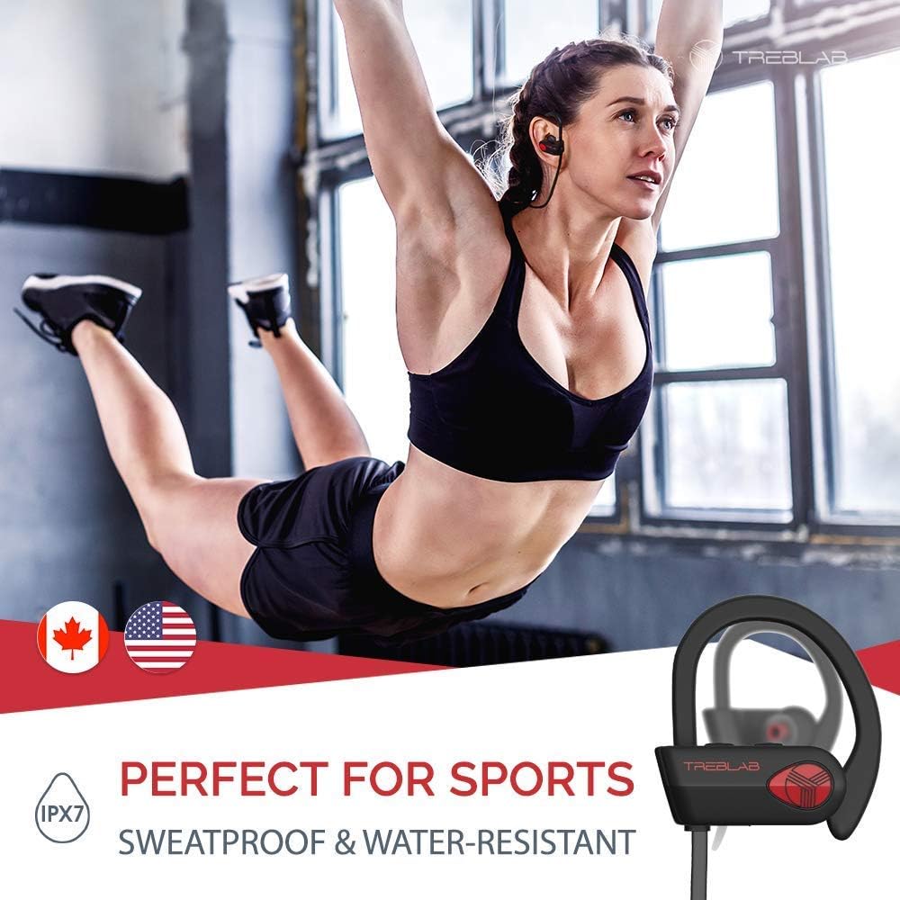 TREBLAB XR500 Bluetooth Running Headphones, IPX7 Waterproof, Noise Cancelling, Secure-Fit, Wireless Sport Earbuds with Mic