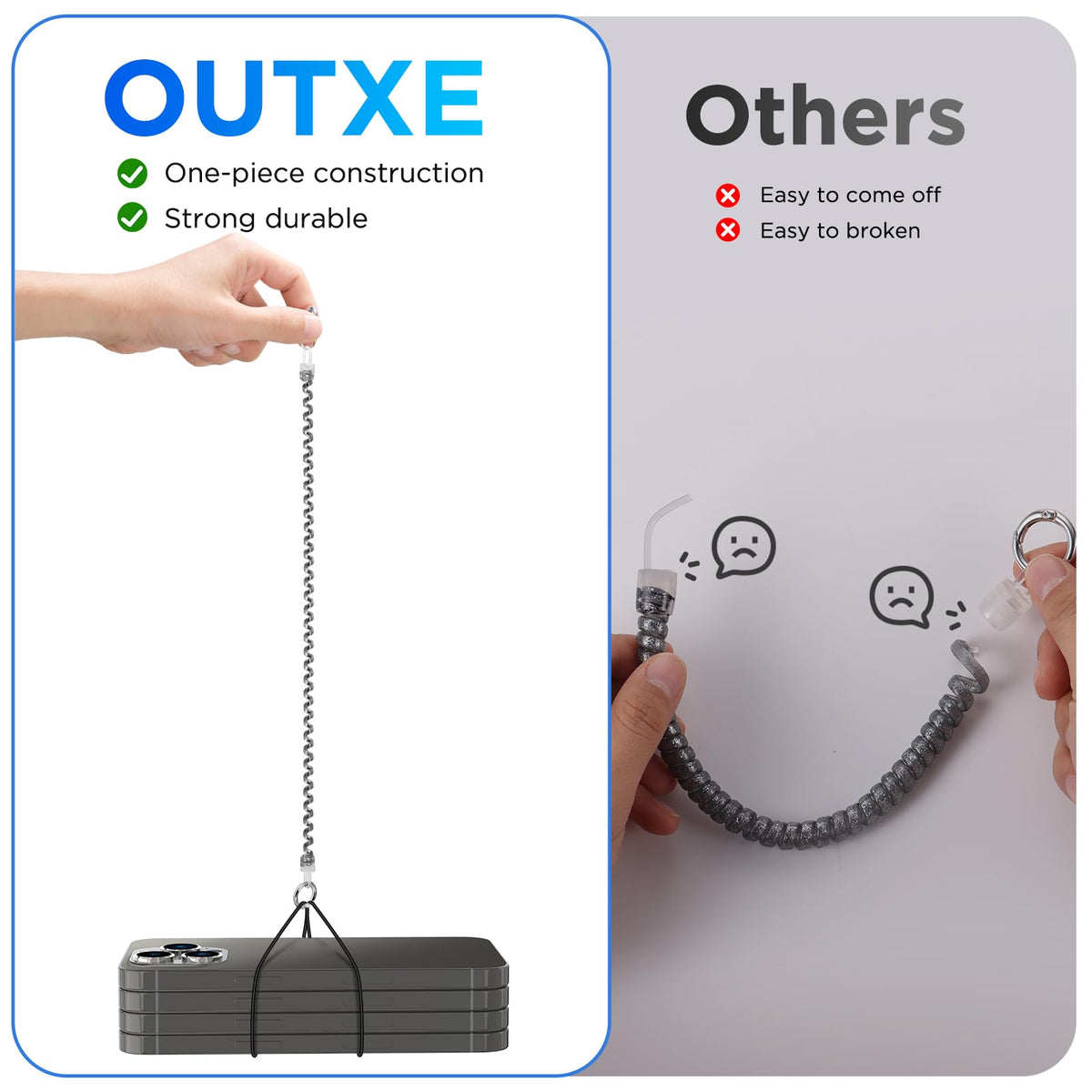 OUTXE Phone Lanyard Tether with 4 Patch- 2× Phone Tether, 4× Phone Patch with Adhesive, Compatible with Smartphone- Silver