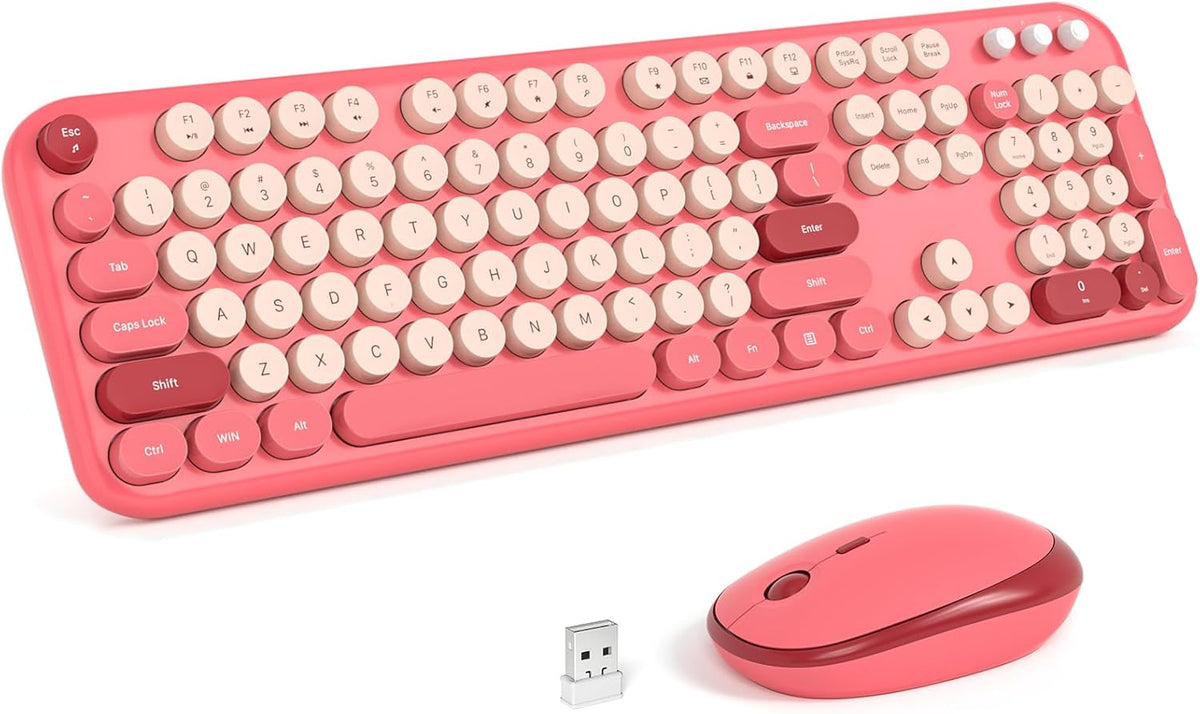 KNOWSQT Wireless Keyboard and Mouse Combo - Lovely Red Rainbow Full-Sized Typewriter Colorful Keyboards, Round Keycap USB Plug Play Retro Cute Keyboards for Windows, Laptop, PC, Desktop, Computer