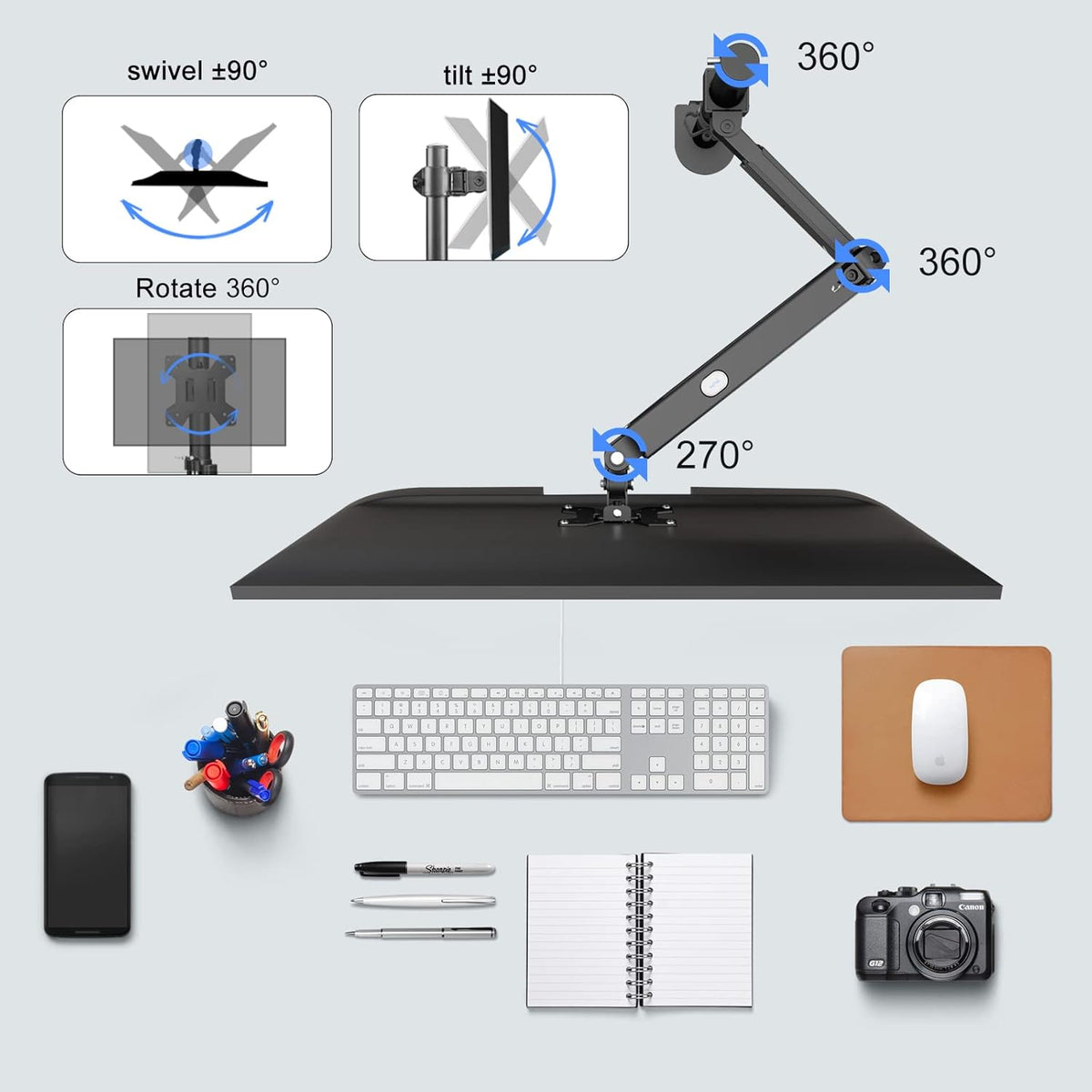 Pholiten Premium Single Monitor Arm for 13-32 Inch Computer Holds 22 lbs,Gas Spring Monitor Stand for Desk with Swivel/Tilt/Rotation, VESA 75x75 or 100x100mm