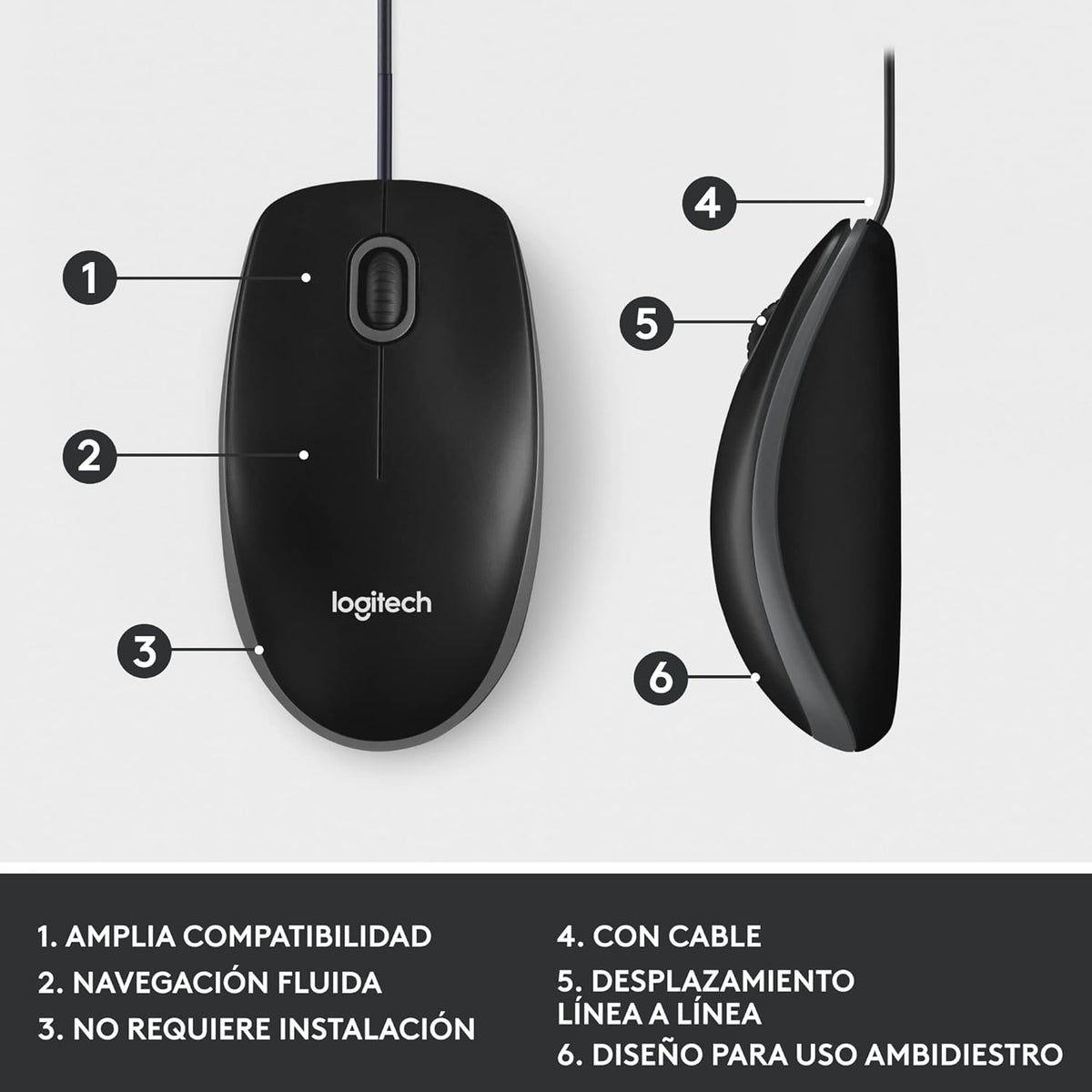 Logitech M100 Corded Mouse, Wired USB Mouse for Computers and Laptops, Black, for Right or Left Hand Use