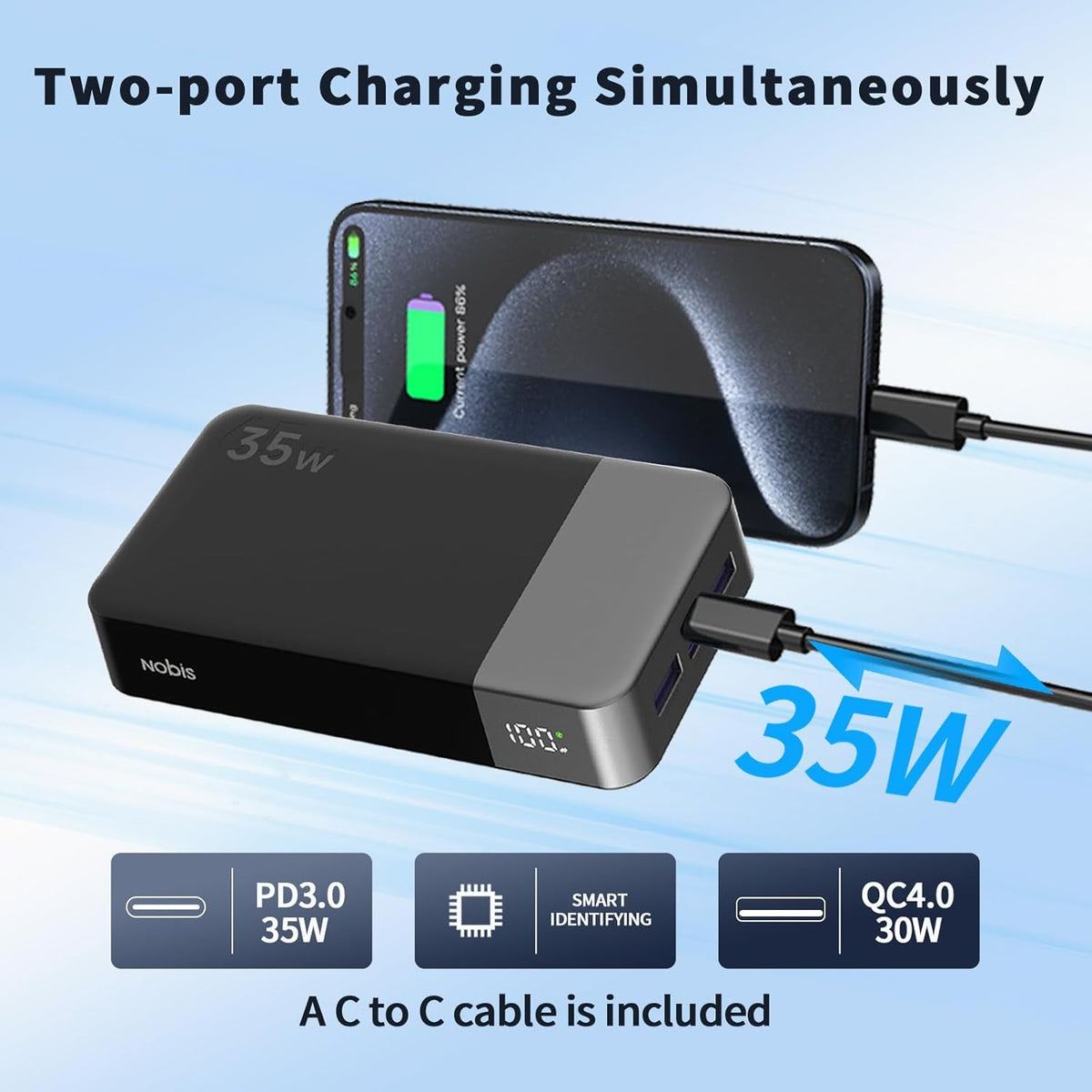 NOBIS Portable Charger, 20000mAh Power Bank, 35W Power Bank Fast Charging, Battery Pack with C to C Cable, Battery Bank with Digital Display for Phone Android etc