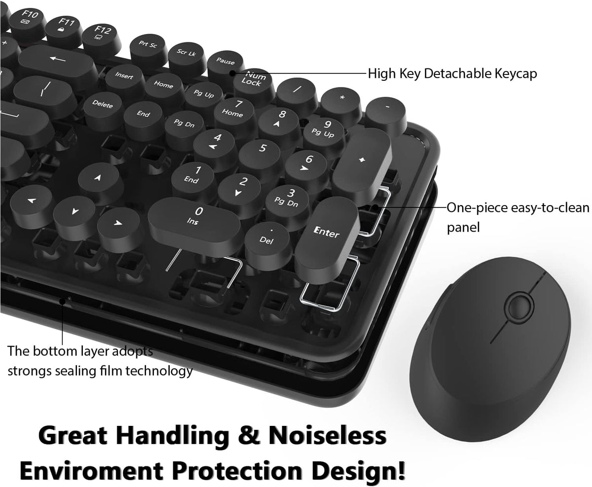 Wireless Keyboard and Mouse, KOOTOP Cute Black Keyboard and Mouse, 2.4G Wireless Keyboard with Retro Round Keycap for PC, Mac, Laptop,Tablet,Computer Windows (Black)