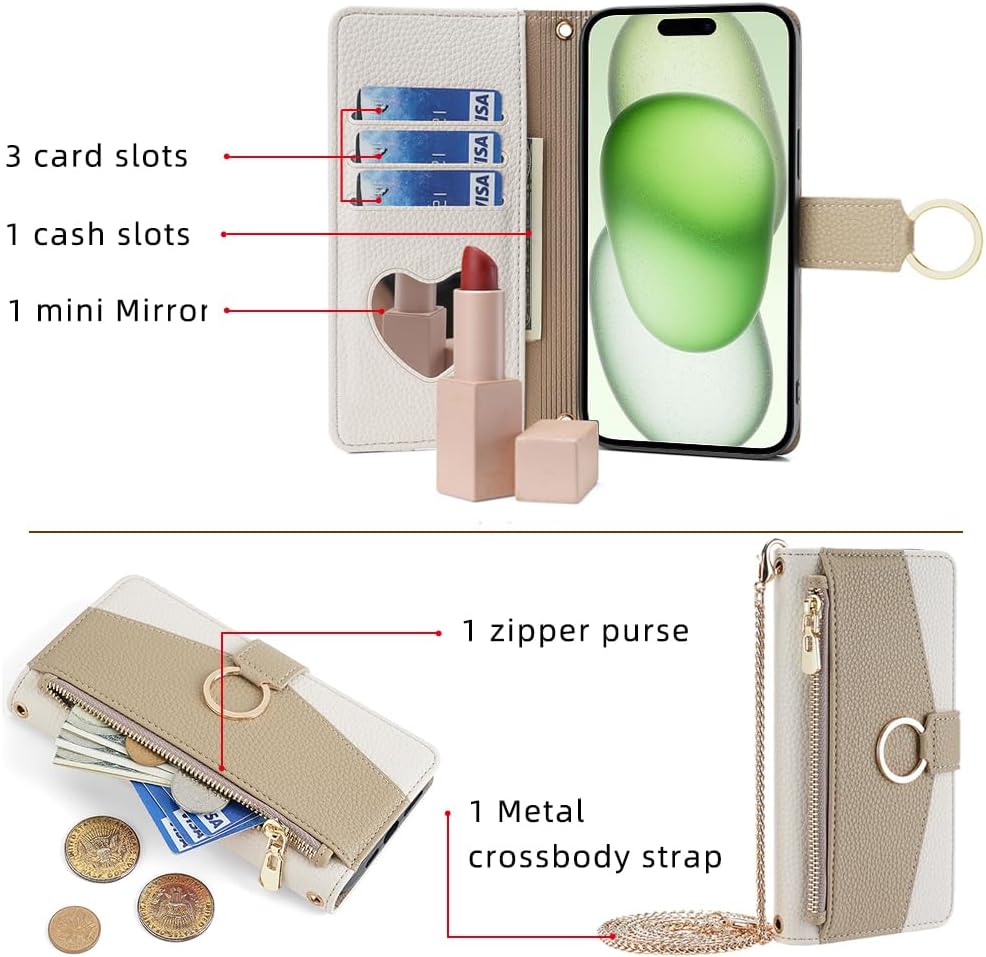 Asuwish iPhone 15 Plus Case: 6.7" Wallet Cover, Screen Protector, Mirror Flip, Card Holder, Crossbody Strap - White