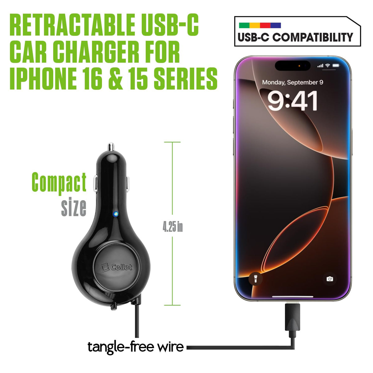 Cellet Retractable USB-C Car Charger - 15W Fast Charging, 3.3ft Cable, 3A Output, Blue LED Indicator - Compatible with Apple iPhone 15/16 Series