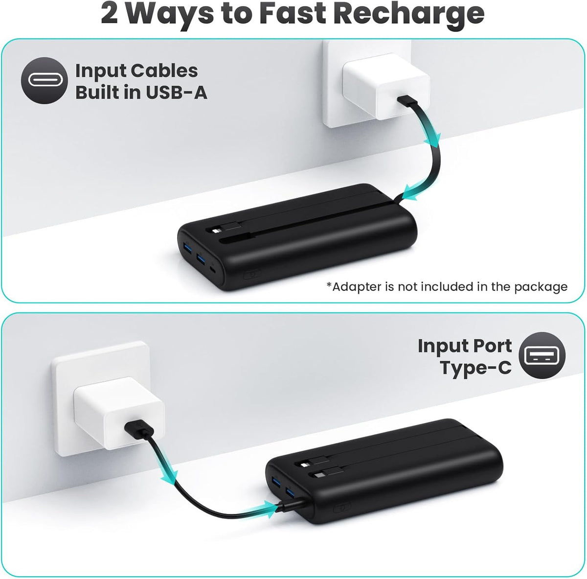 Portable Charger 40,800mAh Power Bank 25W Portable Battery Pack with 2 Built in Cables [2024 Upgraded], PD QC4.0 Fast Charging Portable Phone Charger Compatible with iPhone 16/15,Android Samsung-Black