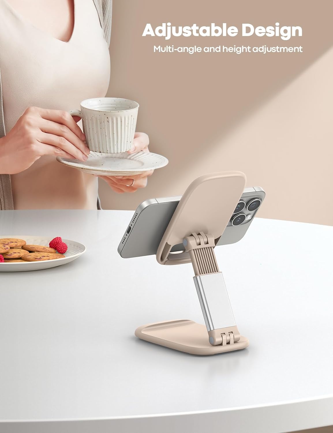 Lamicall Khaki Phone Stand for Desk - Cell Phone Holder Khaki Desk Accessories Desktop Office Must Have Compatible with iPhone, 4-8'' Smartphone