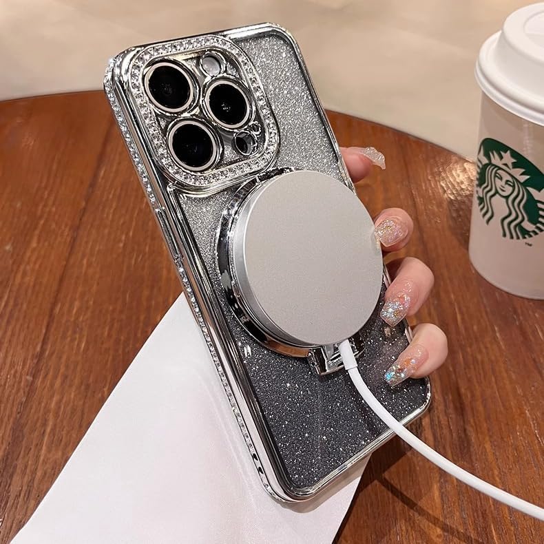 Magnetic Kickstand (Glitter Lens Protector ) Case for IPhone 15 14 13 12 Pro Max (Compatible with Magsafe ) Sparkling Diamond Cover Glitter Shiny Rhinestone Cases (Black,for iPhone 14 Pro)