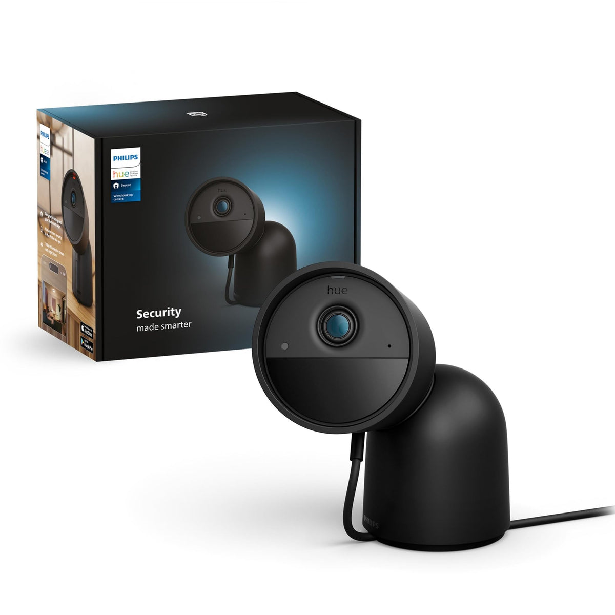 Philips Hue Secure Desktop Camera, 1080P Video Resolution, Notifications, Two-Way Audio, Seamless Integration, Compact Desktop Stand, Black, Free