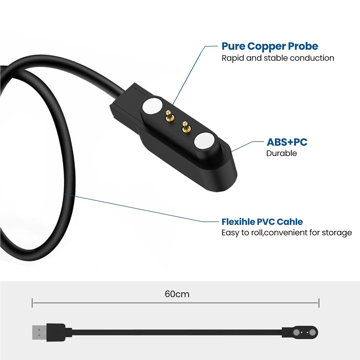 Butele Kids Smart Watch Charger, Magnetic 2ft Charging Cable for H69 H39plus Smart Watches (Black)