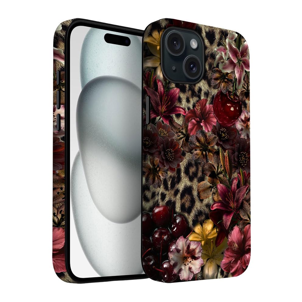 Yuzbira For Iphone 15 Case | Lily Leopard Print Cherry | Slim Drop Protection Design