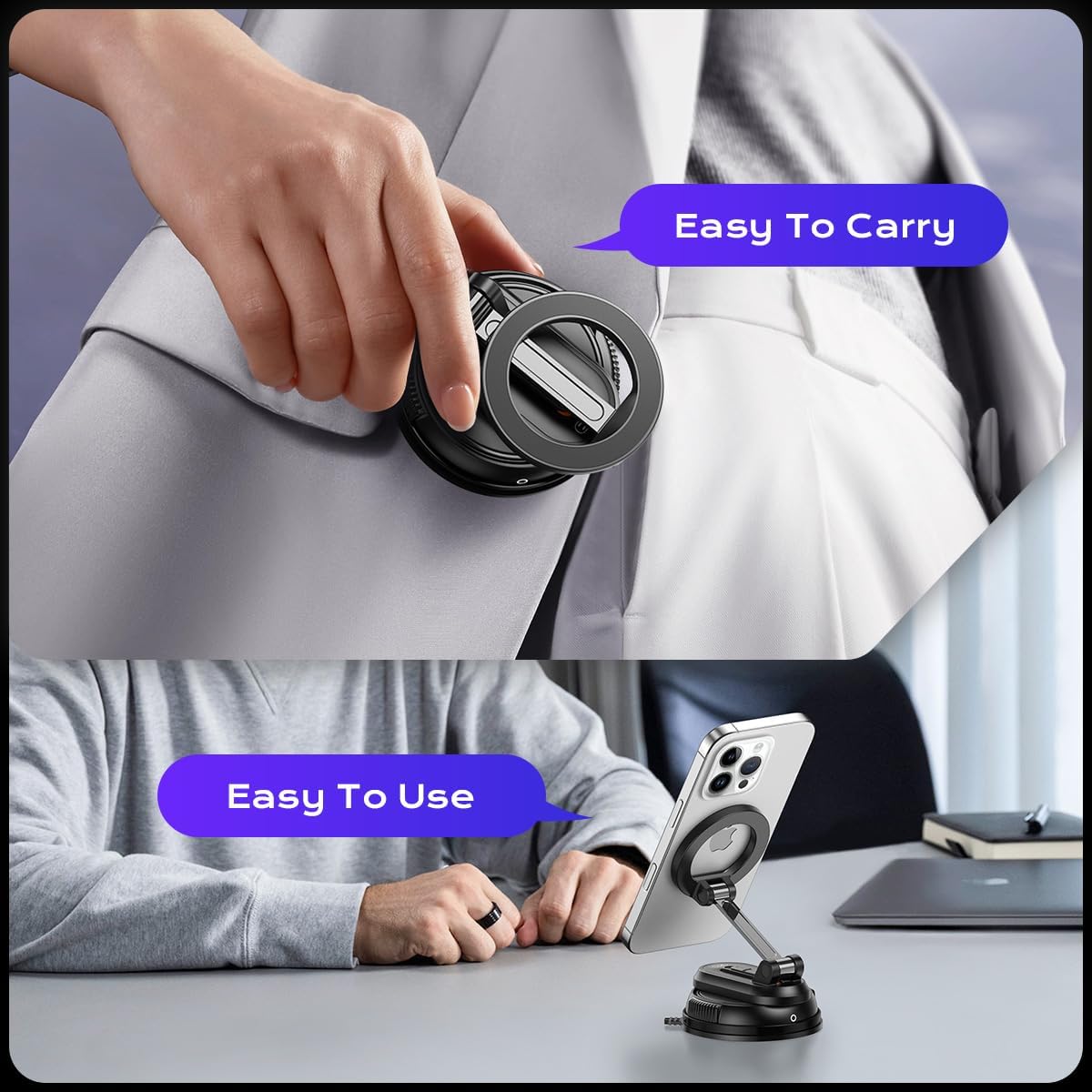 Magnetic Car Phone Holder,360° Rotation Strong Suction Car Phone Mount Detachable Vacuum Suction Phone holder Foldable Cellphone Stand for iPhone 16 15 14 13 12 Series and All Magsafe Smartphones