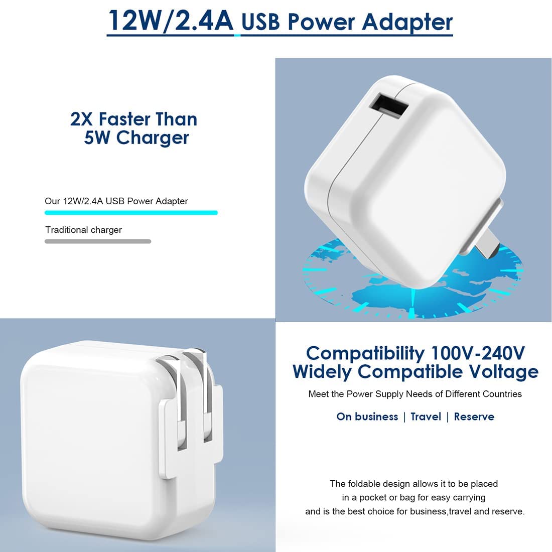 12W USB Power Adapter & 2Pack MFi Certified 6FT iPad Charging Cords for iPad 4-9, Mini 1-5, Air 1-3, iPhone.