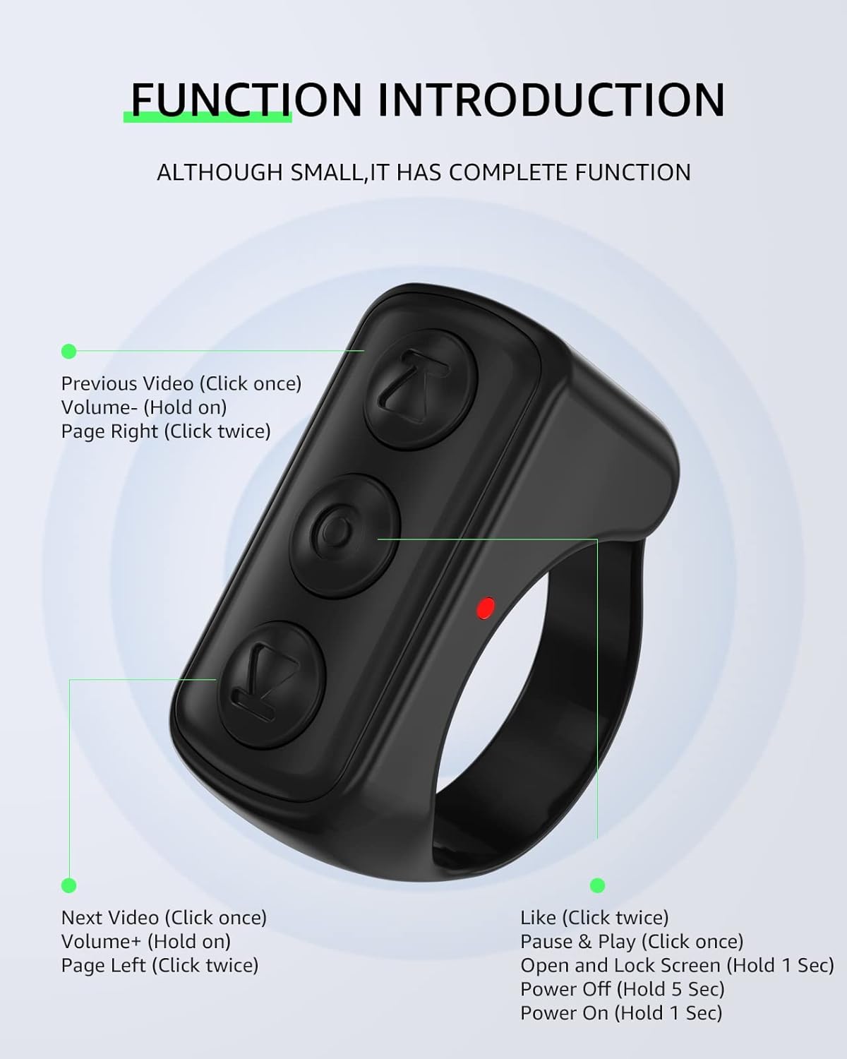 Fingertip Bluetooth Remote Control TIK TOK Wireless Page Turner TYUOBOX Camera Remote Shutter Selfie Button Controller with Charging Case for iPhone Android Ipad Cell Phone (Black)