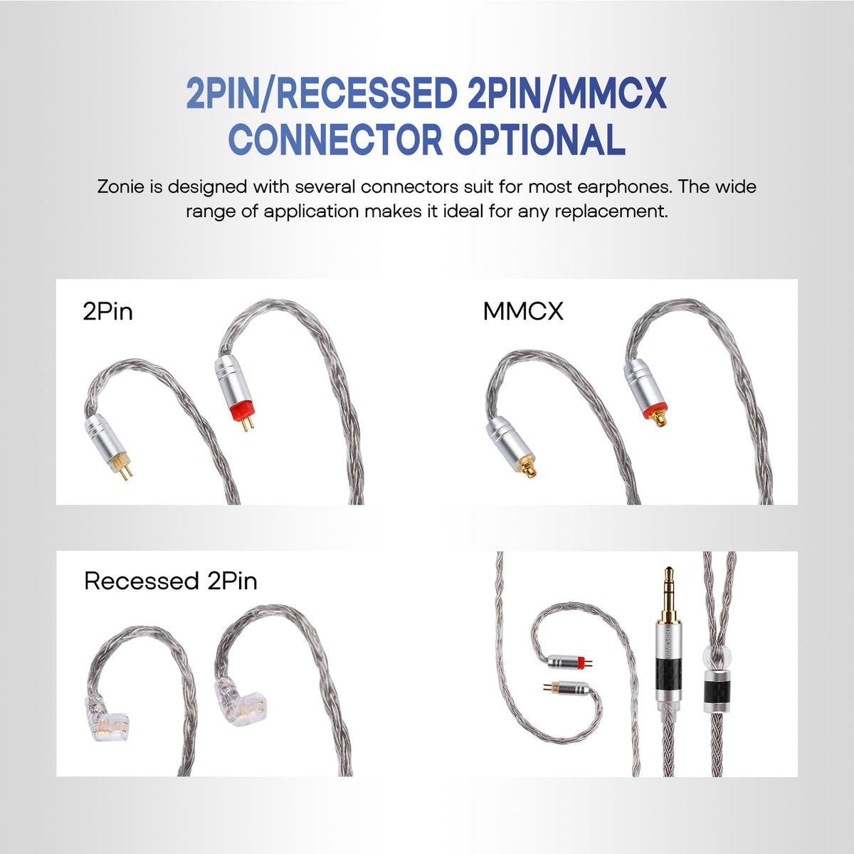 Linsoul Tripowin Zonie IEM Cable, 16 Core Silver Plated Earphone Upgraded Cords, 1.25m SPC in Ear Monitor Cable for 7hz Zero:2 Orchestra Lite Cadenza