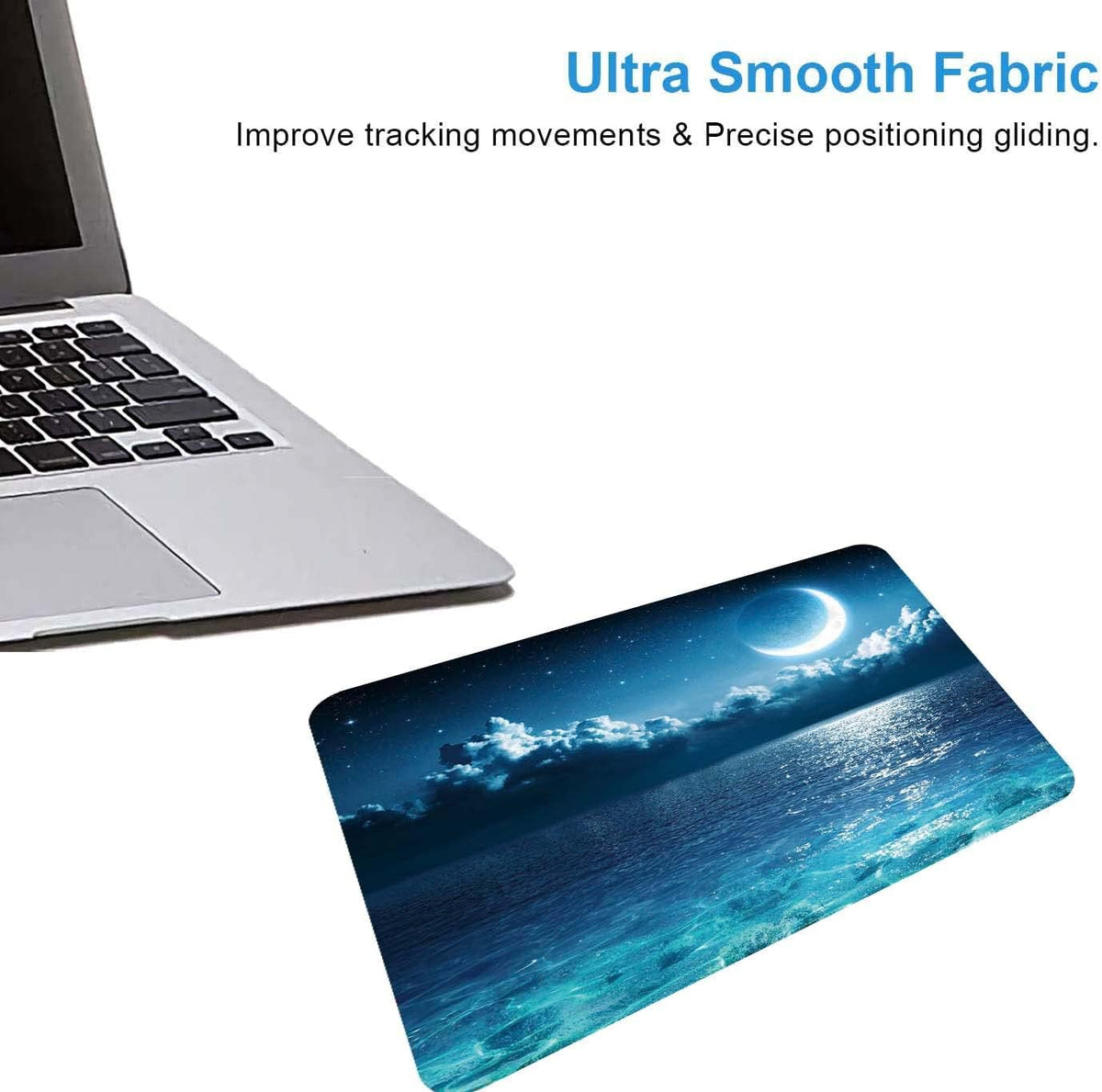 Ocean and Moon Mouse Pad, Romantic Moon On Sea in Magic Night, Waterproof Non-Slip Rubber Base Mousepad, 9.5"x7.9"x0.12" Inch