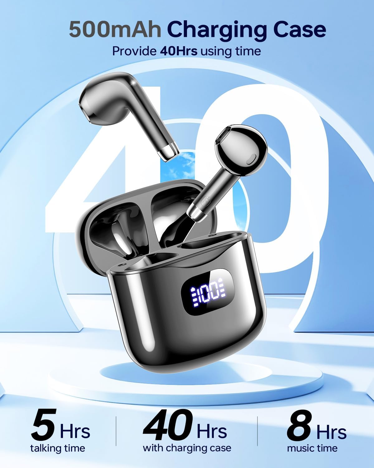 Wireless Earbuds Bluetooth 5.3 Ear Buds, Bluetooth Headphones with LED Display Charging Case, 40Hrs Playtime Stereo Sound, IPX7 Waterproof in-Ear Earphones with Mic for Phone Tablet Sports, Charcoal