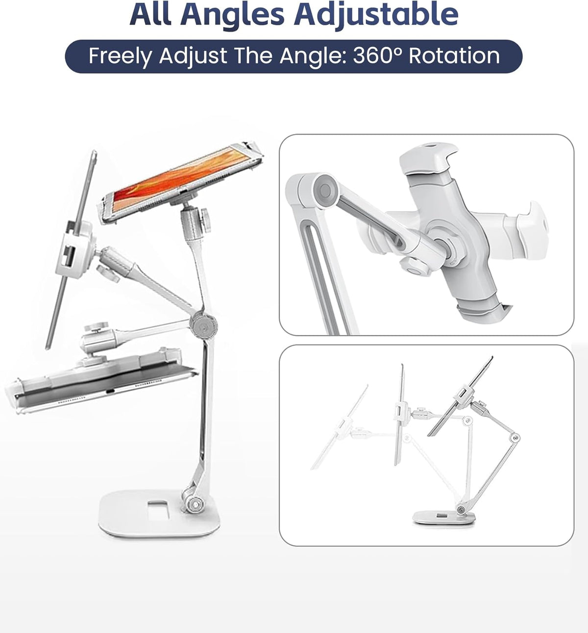Tablet Stand Universal Holder for 4.9" - 12.9" Devices, 360° Rotating Security Stand for iPad, iPad Air, Samsung, Height Adjustable Foldable Table Top (White)