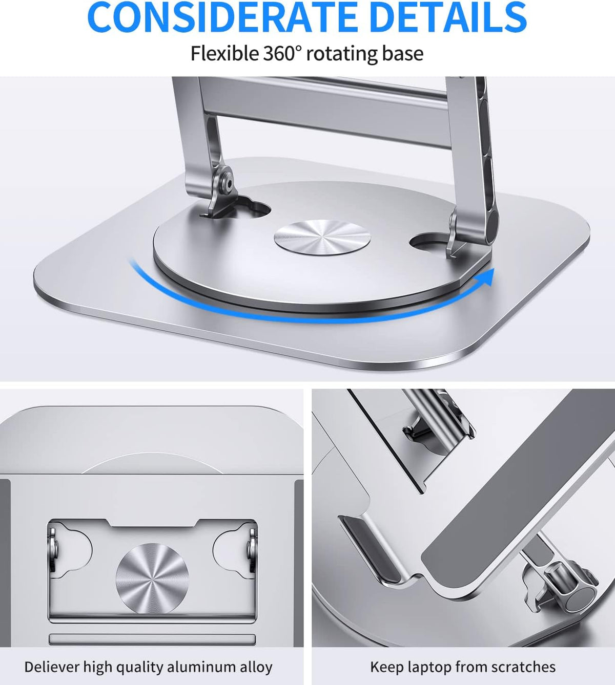 Adjustable Laptop Stand with 360 Rotating Base, Stable Computer Stand for Laptop Ergonimic Foldable Laptop Riser for Desk Compatible with MacBook Pro/Air Notebook up to 16 Inches, Silver