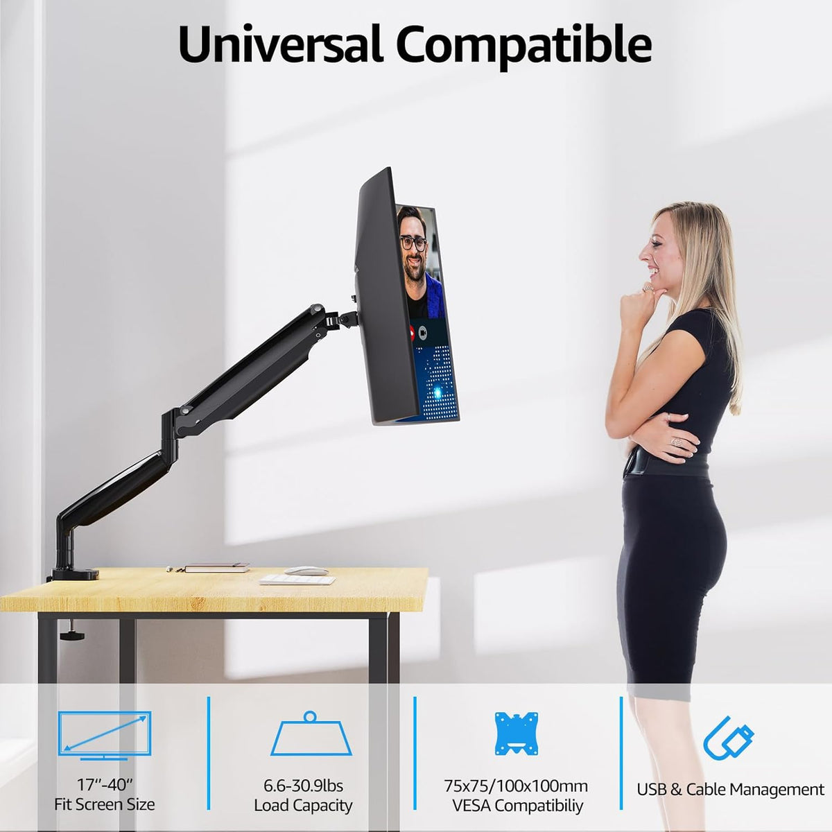 MOUNTUP Ultrawide Monitor Arm for Max 40 Inch Screen, Heavy Duty Monitor Desk Mount Support 6.6-30.9lbs, Gas Spring Computer Monitors Stand for Desk, VESA Mount with Clamp & Grommet Base