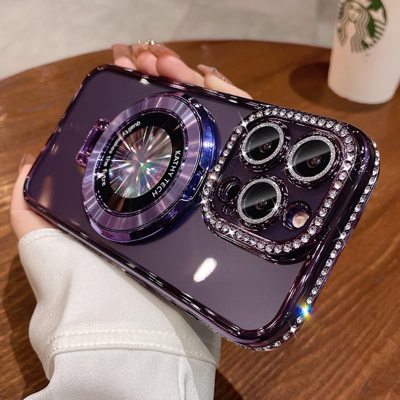 Magnetic Kickstand (Glitter Lens Protector ) Case for IPhone 15 14 13 12 Pro Max (Compatible with Magsafe ) Sparkling Diamond Cover Glitter Shiny Rhinestone Cases (Purple,for iPhone 12 Pro)