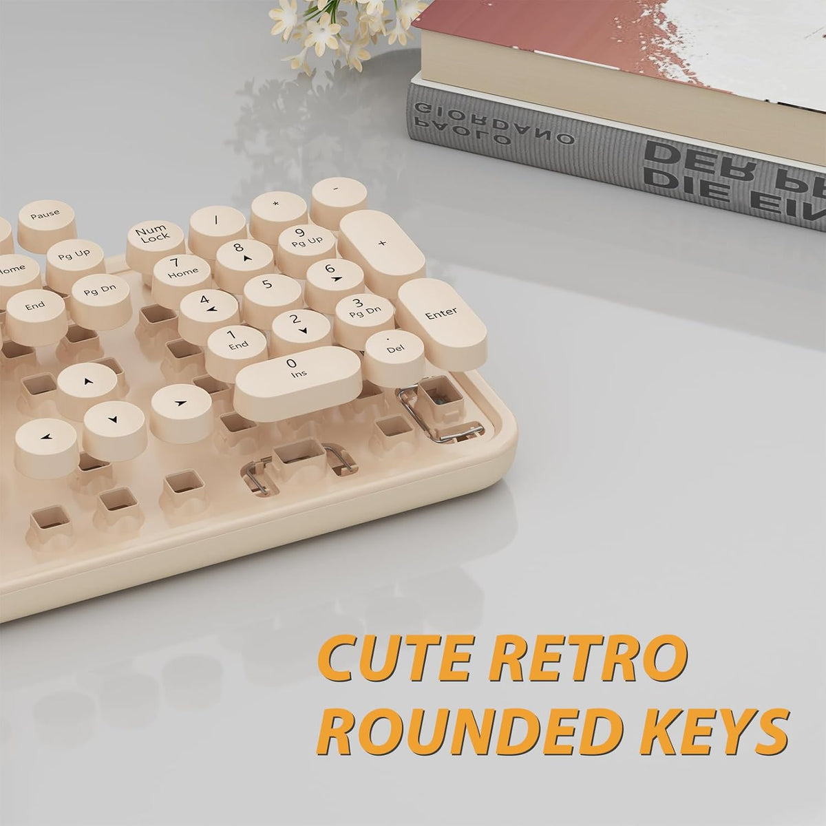 Wireless Keyboard and Mouse Combo, Cute Colorful 104 Keys Typewriter Retro Round Keycaps Keyboard for PC Laptop,Desktop,Windows, Home and Office Keyboards Coffee