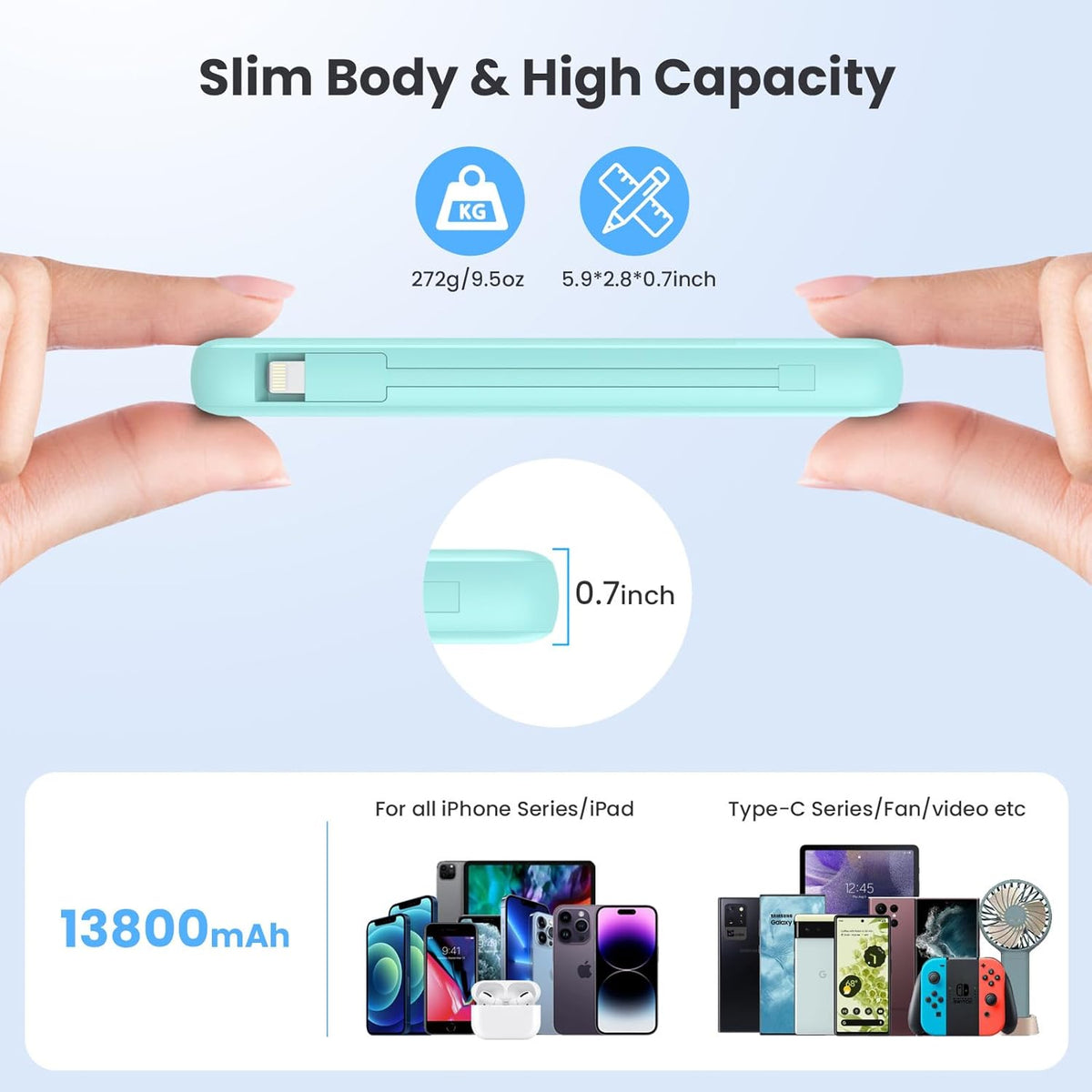 Portable Charger 13800mAh Slim USB C Power Bank with Built in Cables and Wall Plug,LCD Display Lightweight Travel Battery Pack,PD Fast Charging Compatible with iPhone 15,14,Samsung Android-Green