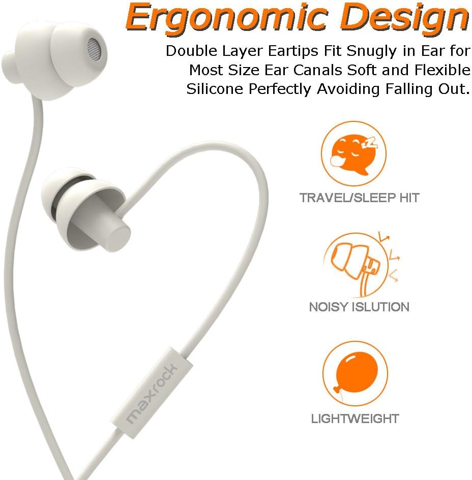 MAXROCK Sleeping Headphones, in-Ear Soundproof Earplug Soft Earbuds with Mic Noise Cancelling Sleep Earphones Earpods for Side Sleeper, Insomnia, Snoring, Air Travel, Bedtime Listening… (White)