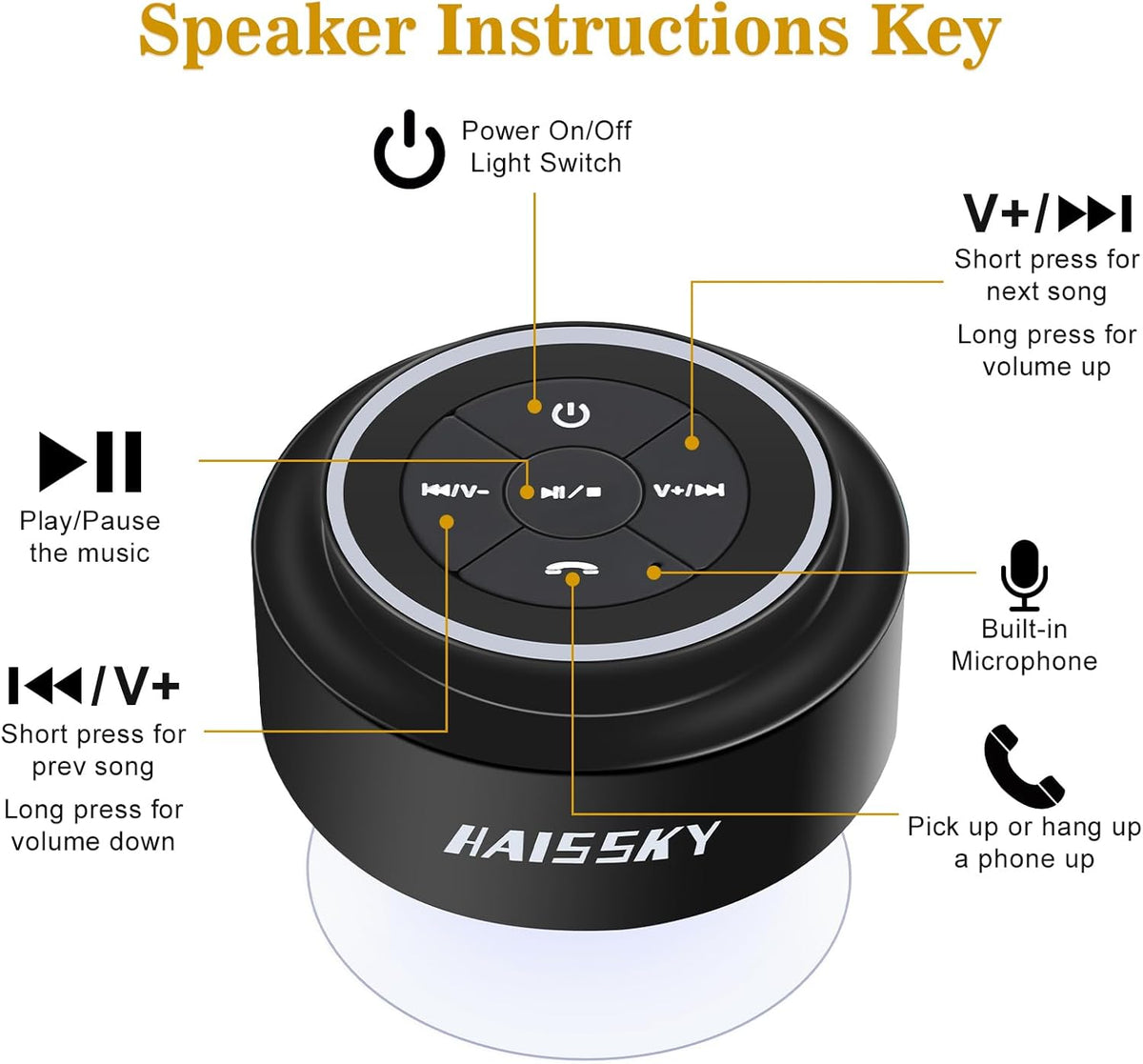 Bluetooth Waterproof Shower Speaker, Portable Wireless Speaker with Suction Cup, Small Speaker with Colorful Lights,