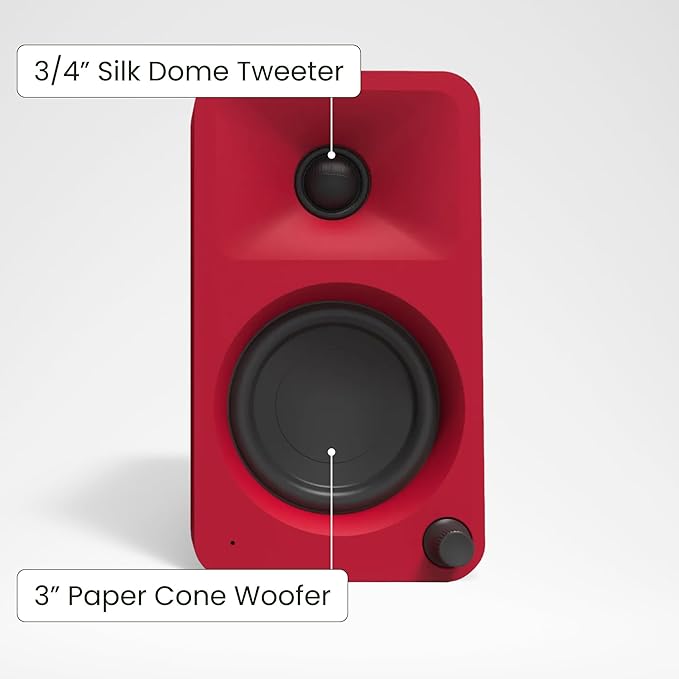 Kanto ORAMR 100W Powered Reference Desktop Computer Speakers with Bluetooth 5.0 and USB-C Input | Bi-Amplified | 100 Hz Automatic Crossover | Reference Quality Sound | Pair | Red