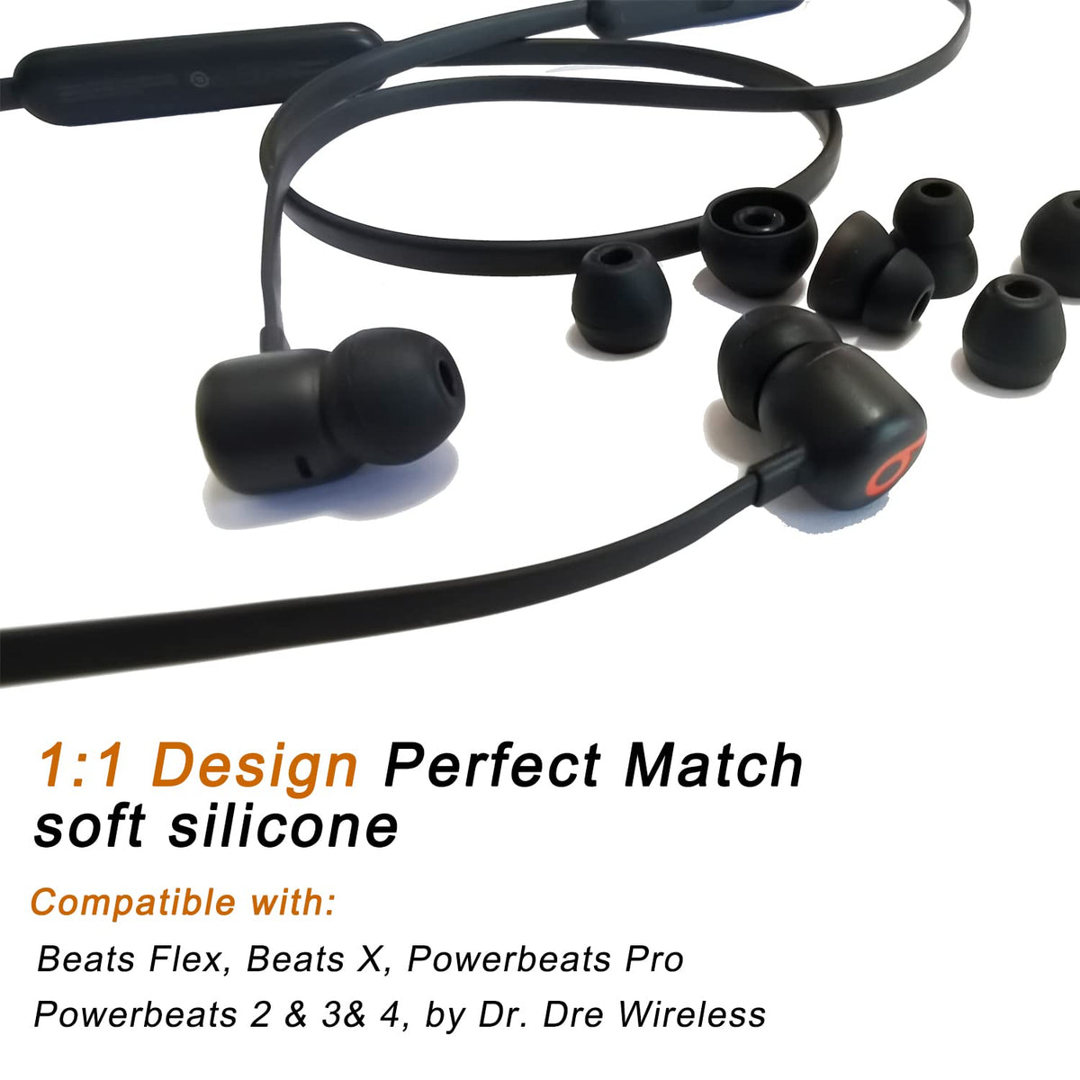 Silicone Replacement Ear Tips for Beats Flex, X, Powerbeats - Double Flange, Rubber, 8 Pairs Black