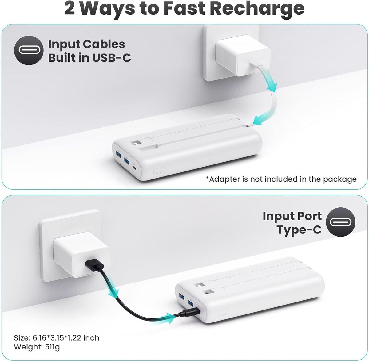 Upgraded Portable Charger 40800mAh Power Bank - Portable Battery with 2 Built in Cables,PD 25W USB C Fast Charging Battery Pack Compatible with iPhone 16 15 14 13 Android Phone etc-White