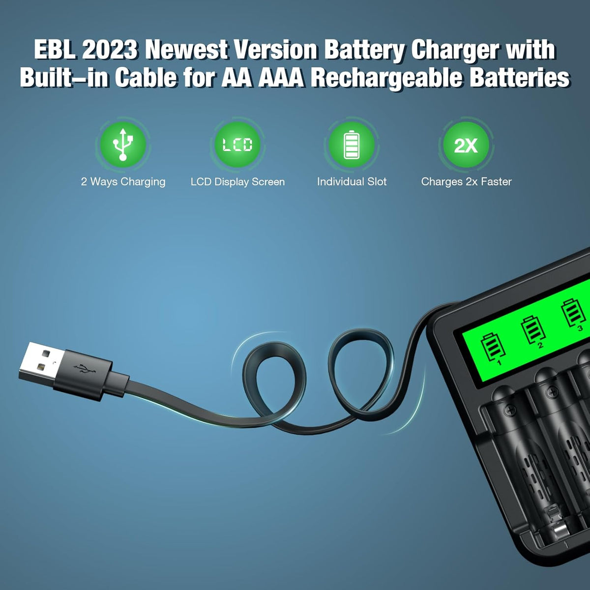 EBL 8 Pack 2300mAh 8-Bay Rechargeable AA Batteries and Battery Charger with Built-in Charging Cable, Ni-MH Duable A