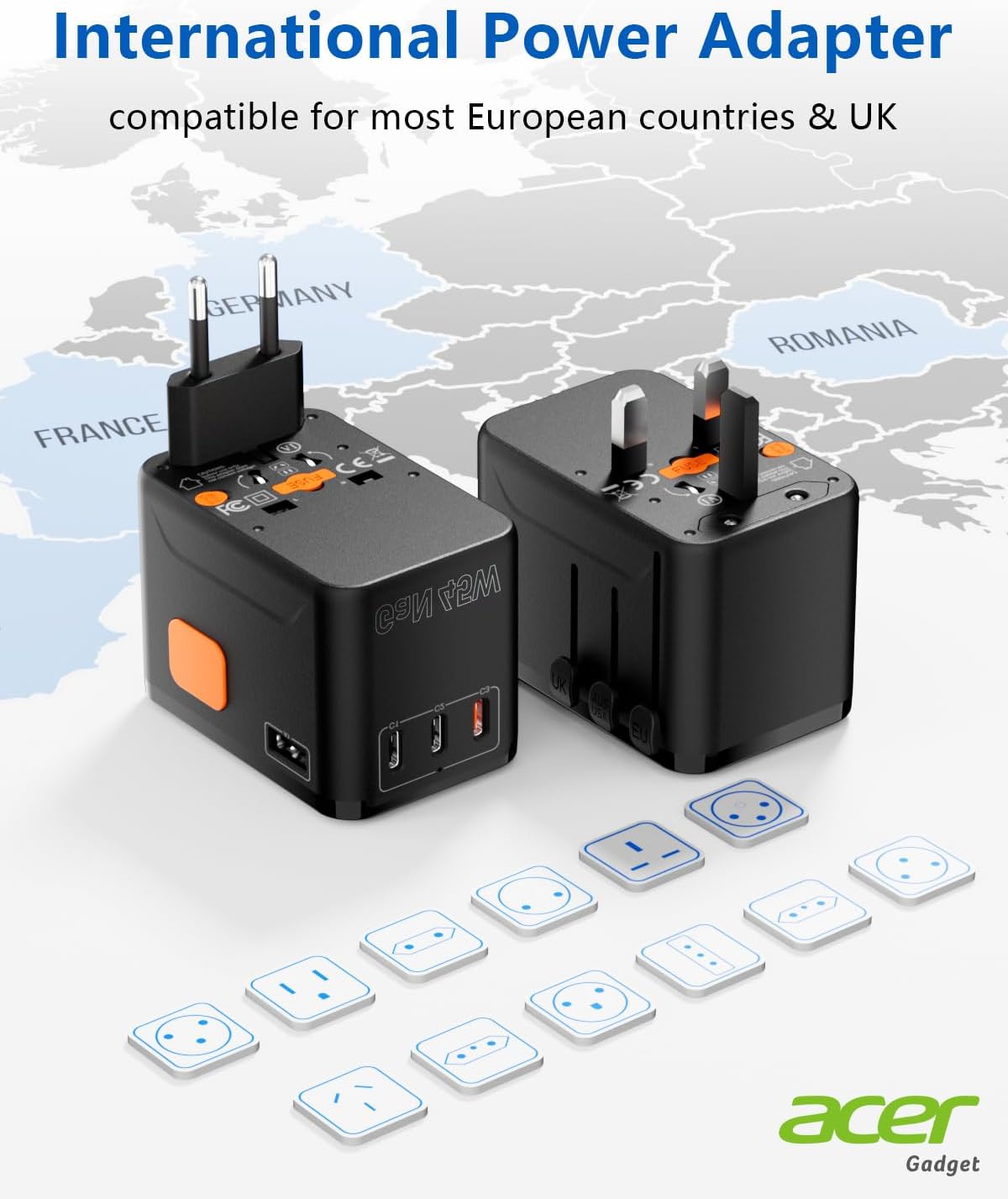 Acer 45W GaN Universal Travel Plug Adapter - International Power Adapter with 3 USB C & 1 USB A, Worldwide Power Outlet Travel Essentials for USA to European UK AUS Ireland, Type C/G/I/A, Black