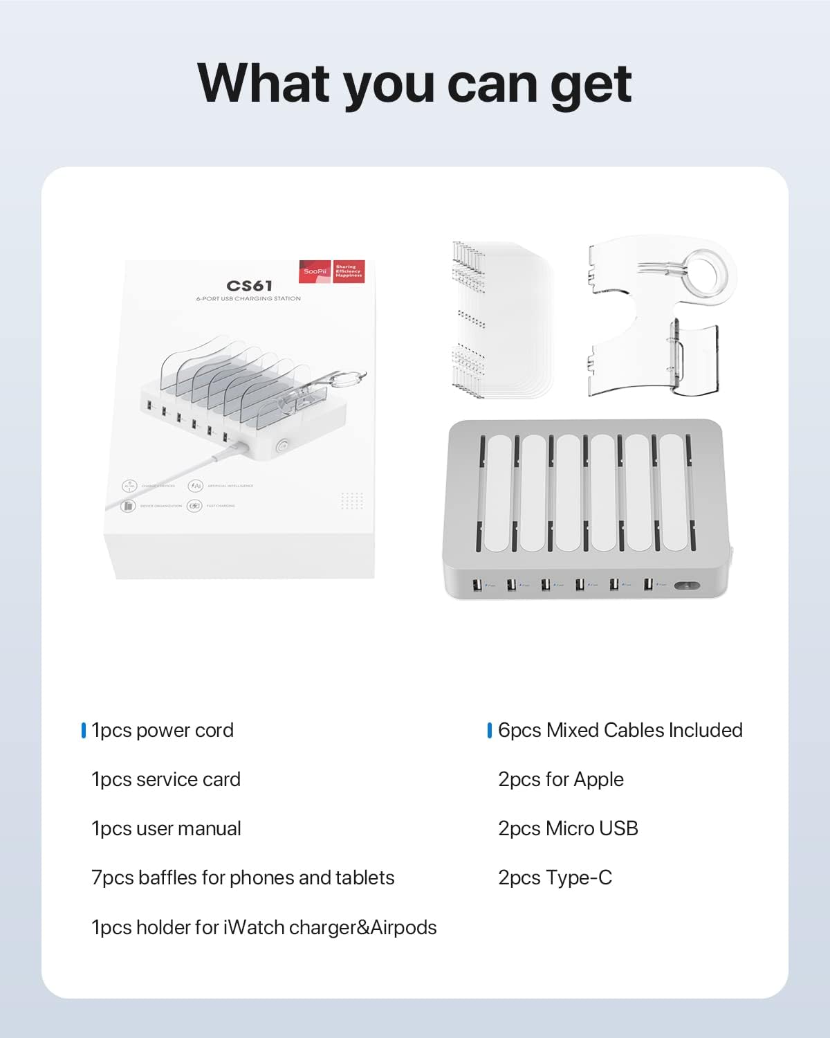 SooPii Premium 6-Port USB Charging Station Organizer for Multiple Devices, Silver