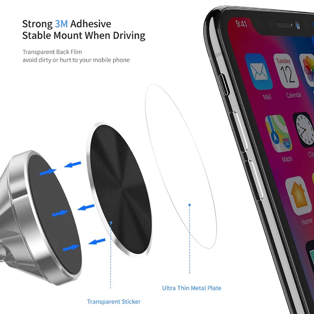 SALEX Phone Metal Plates 4 Pack for Magnetic Car Mount. Kit of 4 Clear Silver Round 3M Adhesive Discs Without Holes for Case Back. Strong Circular