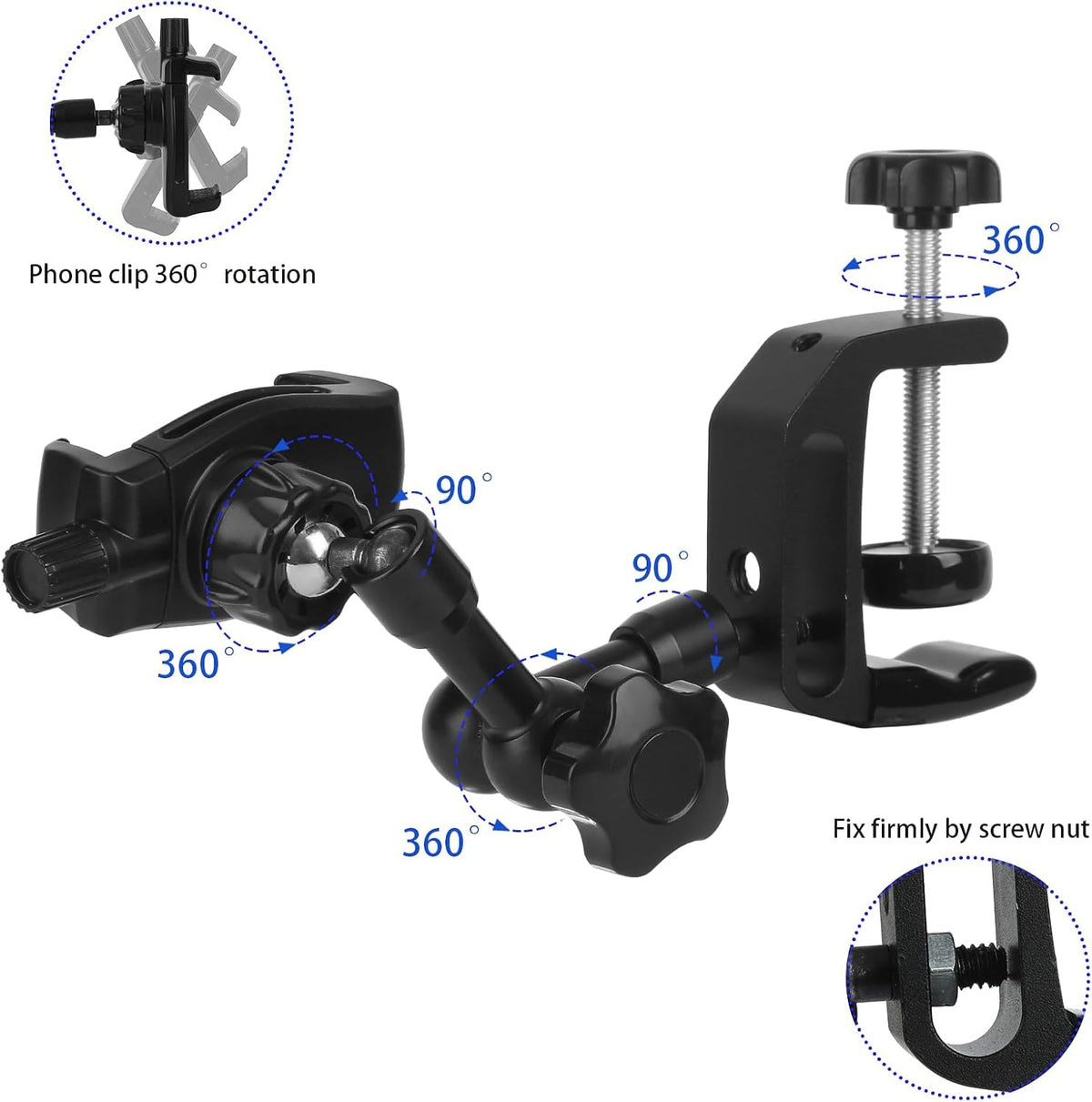 iPhone Mount for Desk/Table/Rod/Kitchen Cabinet,360°Adjustable Aluminum Alloy Phone Stand,Clip Holder Compatible with 3.5~7.5" iPhone/Nexus/HTC/Huawei/Smartphone