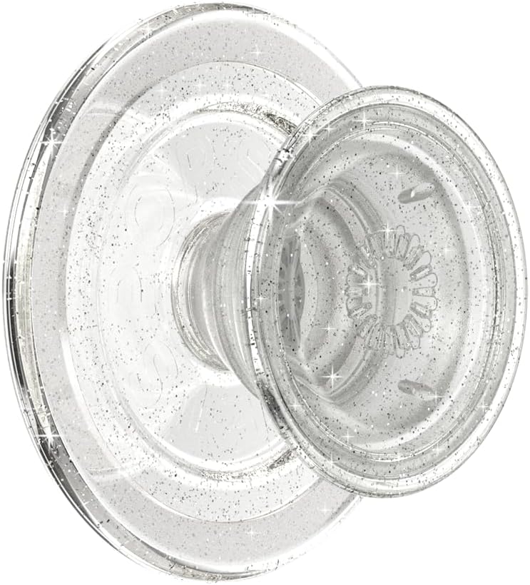 PopSockets Round Phone Grip Compatible with MagSafe, Adapter Ring Included - Clear Glitter, Wireless Charging Compatible