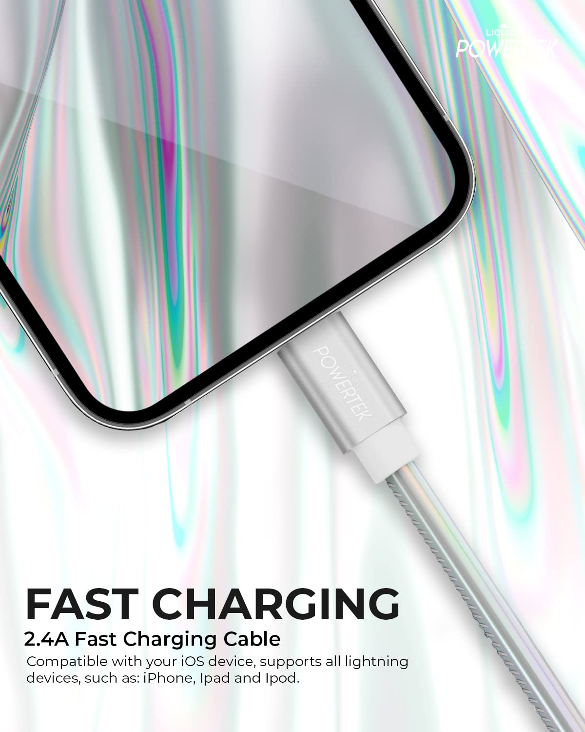 LIQUIPEL Powertek iPhone Charger Cable [MFI Certified], Fast Charging 6ft Lightning to USB Cord Adapter (Silver)