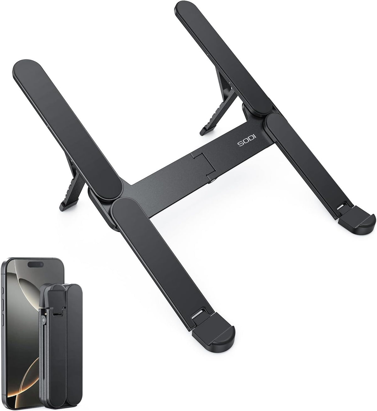 SODI Ultra Compact Foldable Laptop Stand - Portable Laptop Holder for Desk & Travel Use, Ergonomic Aluminum Computer Holder with Adjustable Height for MacBook, Tablet 10-16" (Dark Black, Bi-Fold)