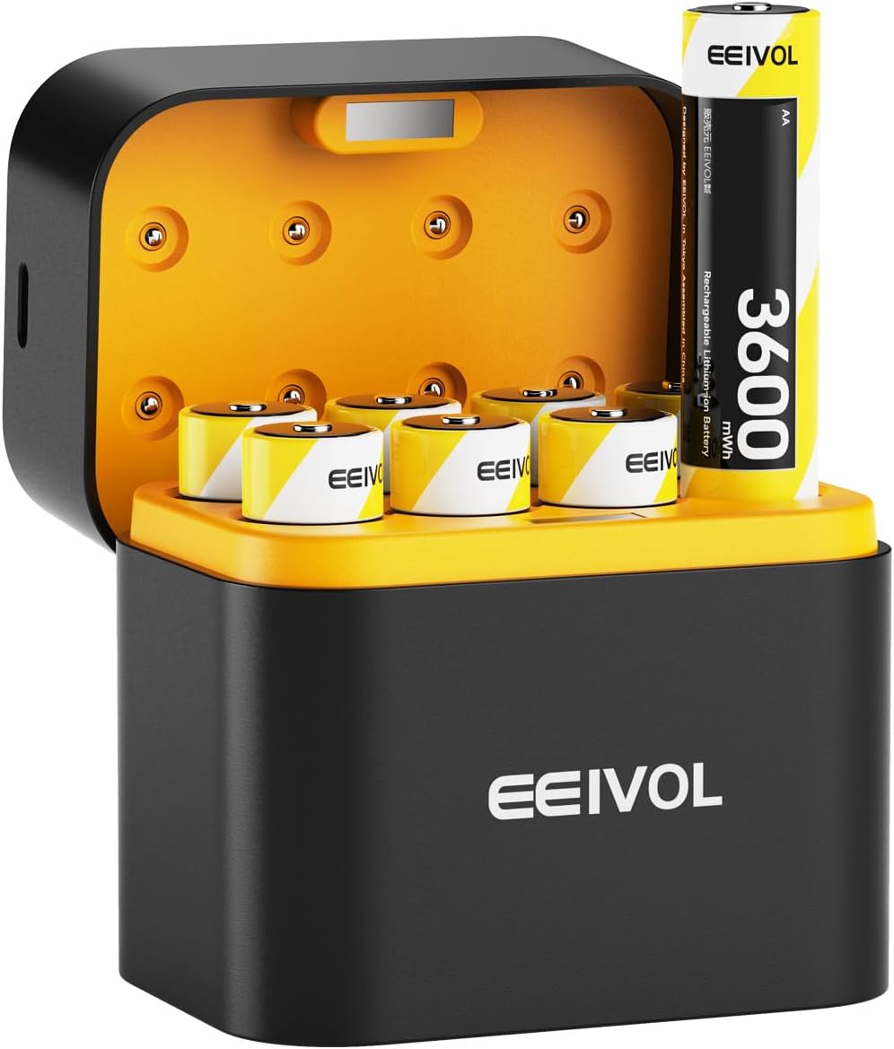 GrnOas.E 8 Pack 1.5V 3600mWh, 350mA, IP67 Rechargeable AA Batteries & Fast Charger, Integrated Charging Box