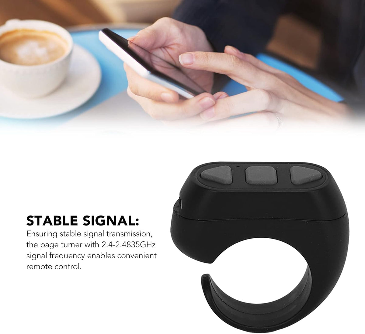 Bluetooth Remote Control Page Turner, Phone Remote Control Ring for iOS, Android, Click Like Selfie Device (Black)