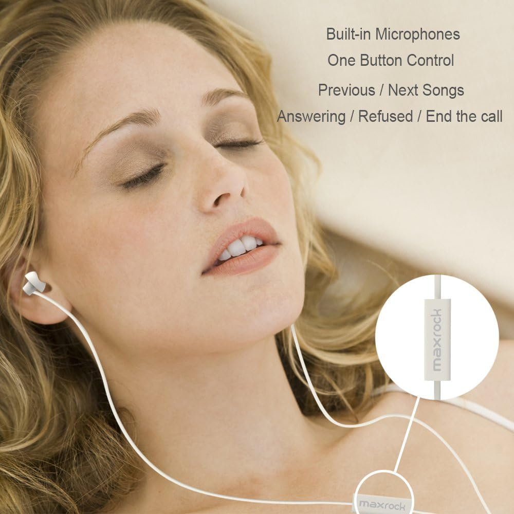 MAXROCK (TM Unique Total Soft Silicon Sleeping Headphones Earplugs Earbuds with Mic for Cellphones,Tablets and 3.5 mm Jack Plug (White)