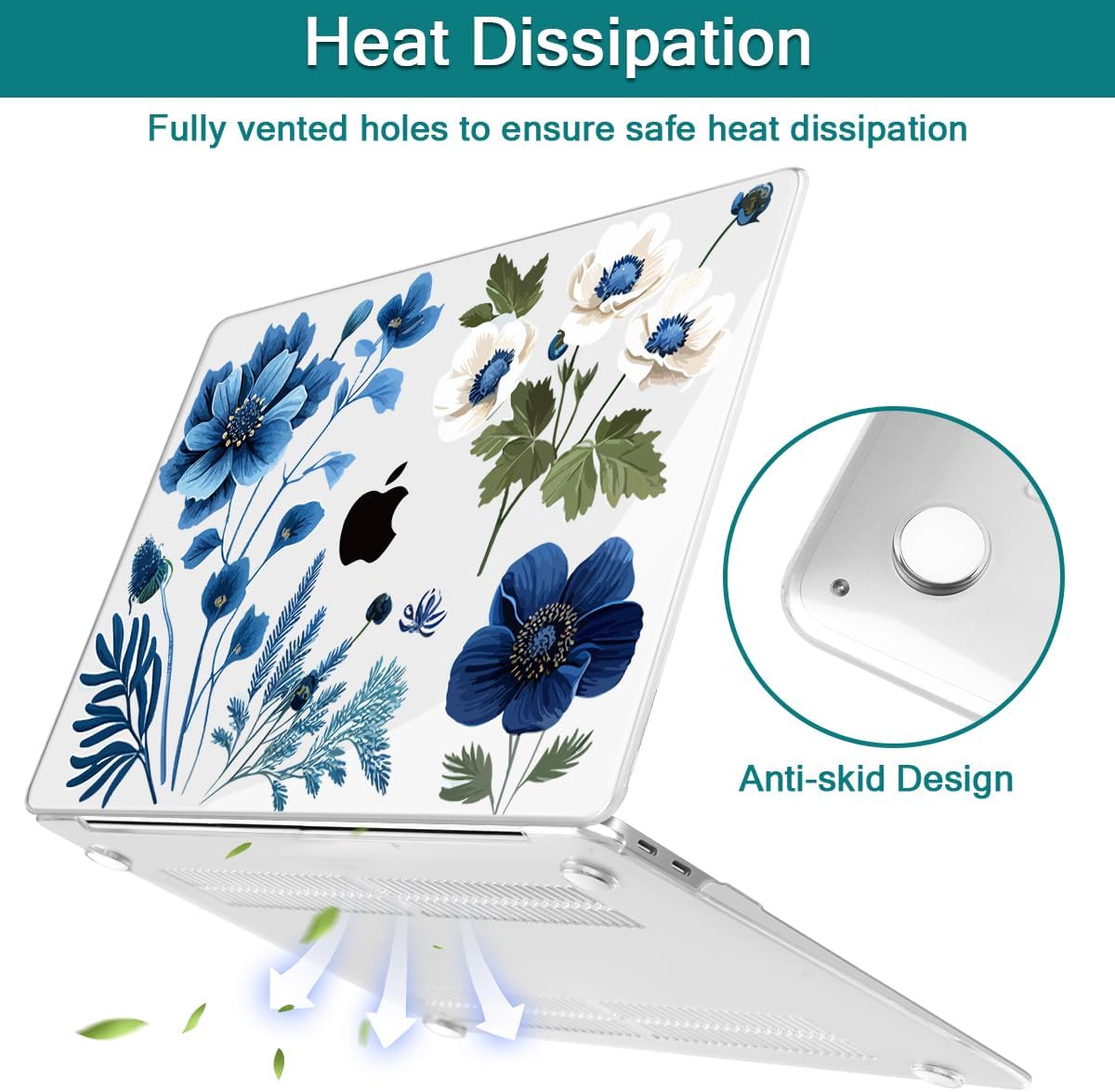 Teryeefi Compatible with M2 M1 MacBook Pro 13 Inch Case A2338 A2289 A2251 A2159 A1989 A1706 A1708 (2024 20203 2022-2016), Hard Shell Case & Keyboard Cover for Mac Pro 13" - Blue Plant Flower