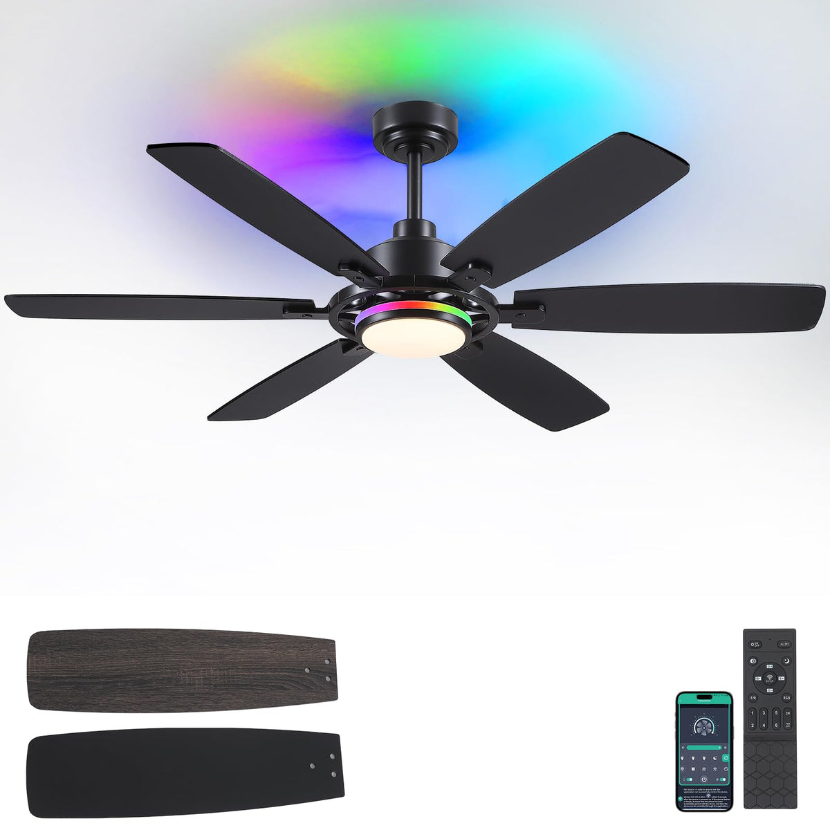 SHIHOT 54 Black RGB Ceiling Fans with Lights and Remote/APP,Modern Ceiling Fans with Quiet Reversible DC Motor for Bedroom Kids