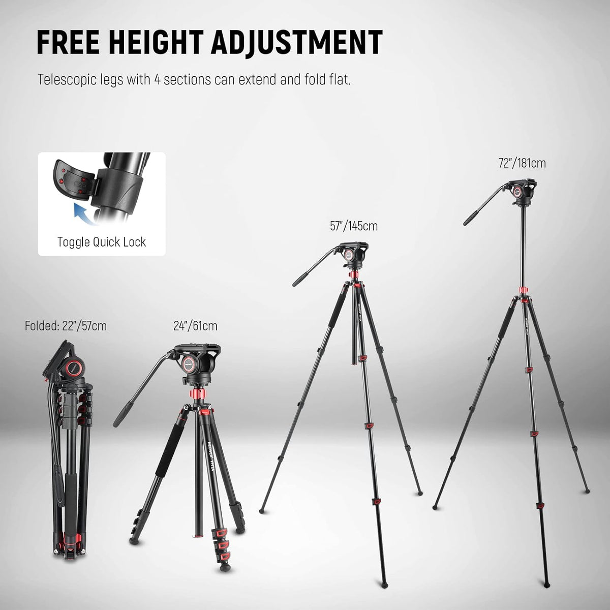 NEEWER 72" Fluid Head Video Tripod Monopod, Aluminum Alloy QR Plate Compatible with DJI RS Gimbal, 360° Pan & +90°/-70° Tilt for DSLR Camera Camcorder, Max Load 13.2lb/6kg, TP72A