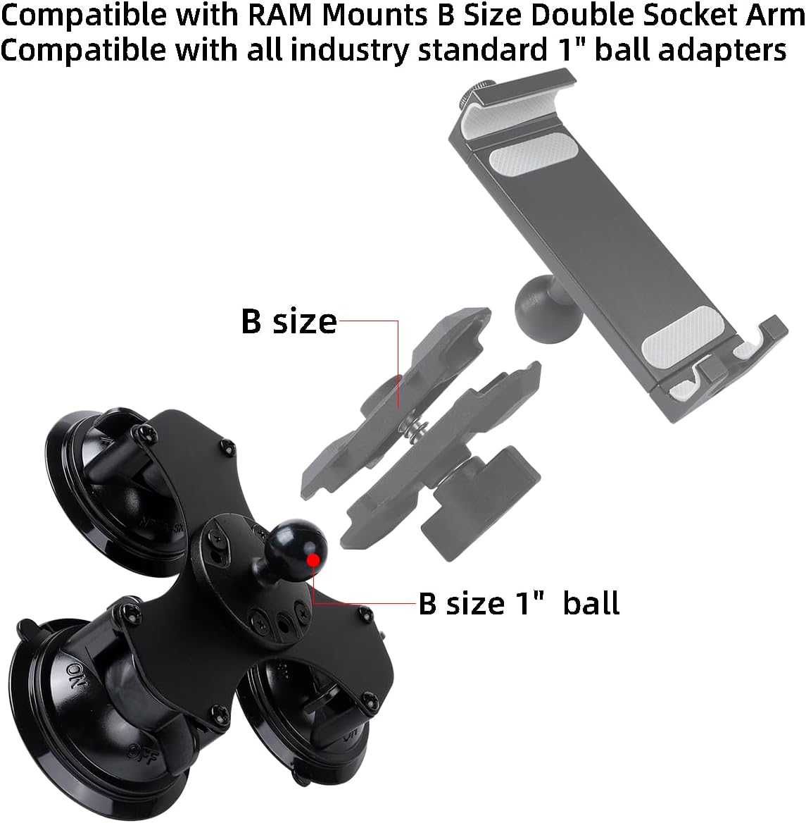 Triple Suction Cup Car Base Mount with 25mm/1" Ball for Ball Phone Mount, Compatible with RAM Mounts
