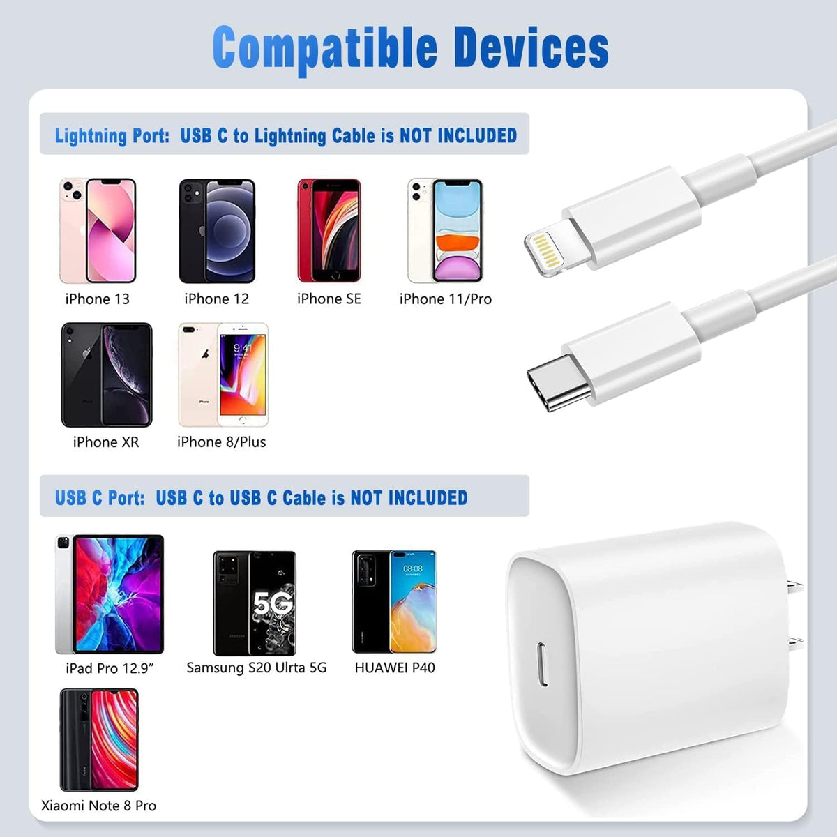 20W PD USB C Wall Fast Charging Adapter with 6FT Type C to Lightning Cable