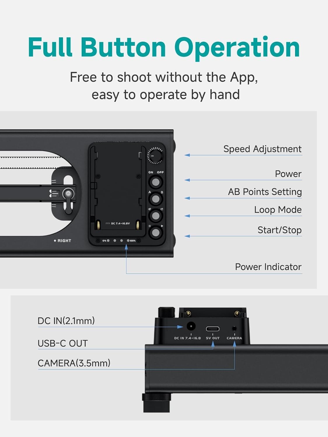 Accsoon Toprig Video Slider, 16''/40cm Motorized Camera Slider with Full Button Control, Support APP-Video Mode/Time-Lapse/Loop Mode, Speed Control Konb, 120° Panoramic Shooting for Photographer